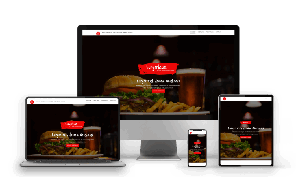 Die Startseite zeigt ein leckeres Menu aus Burger, Pommes und einem Glas Bier vor einem dunklen Hintergrund. Die Webseite für das Burgerhaus ist für Desktop, Laptop, iPad und Mobil optimiert.