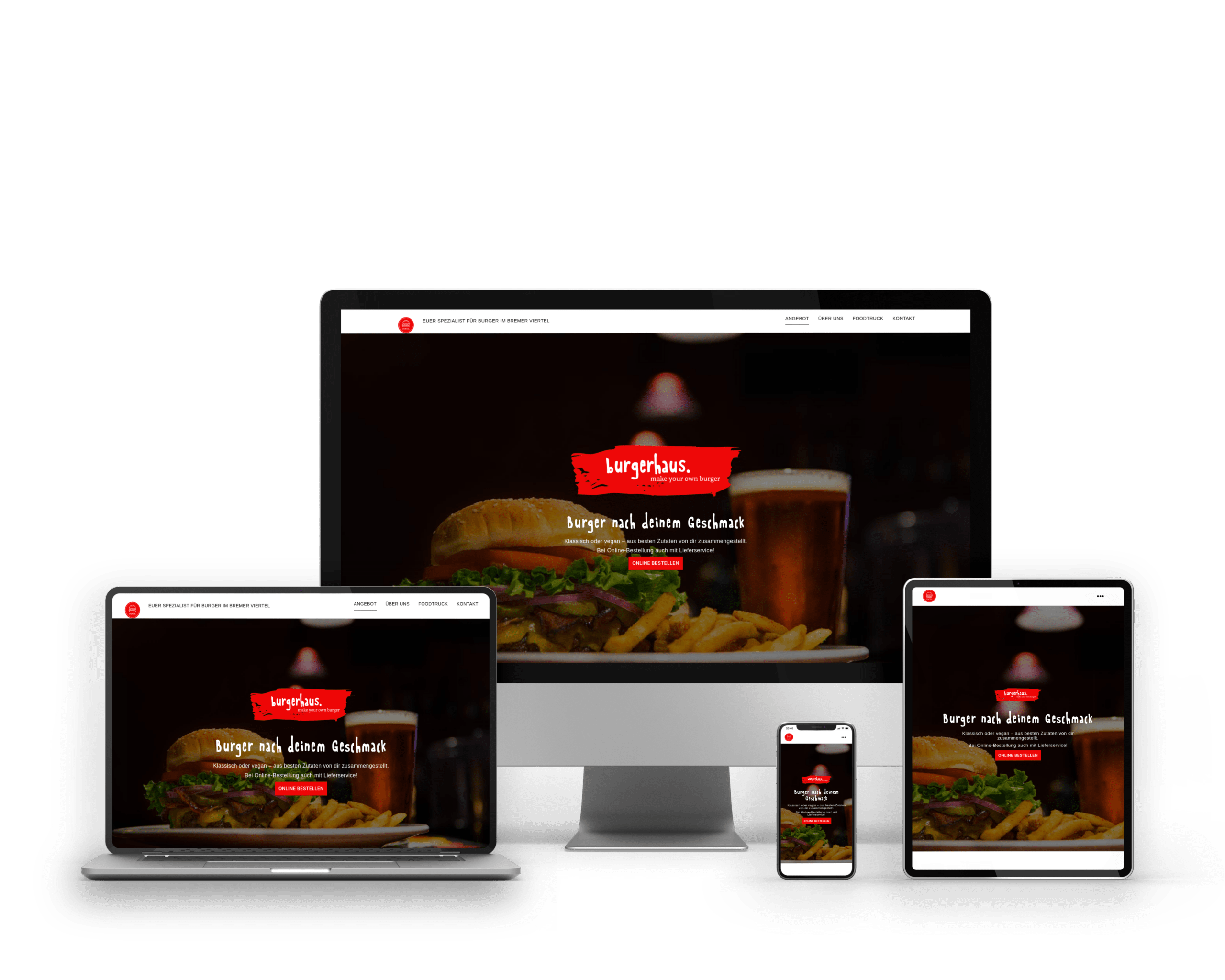 Die Startseite zeigt ein leckeres Menu aus Burger, Pommes und einem Glas Bier vor einem dunklen Hintergrund. Die Webseite für das Burgerhaus ist für Desktop, Laptop, iPad und Mobil optimiert.